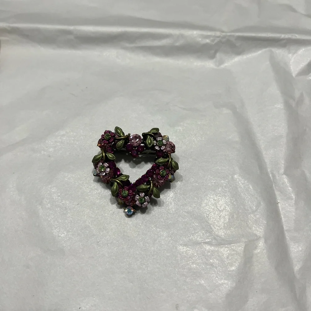 Vintage Pink Purple and Green Heart Brooch with Floral Design
